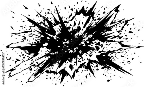 A high contrast black and white abstract ink splatter design featuring sharp jagged edges and dynamic spray paint texture effects isolated