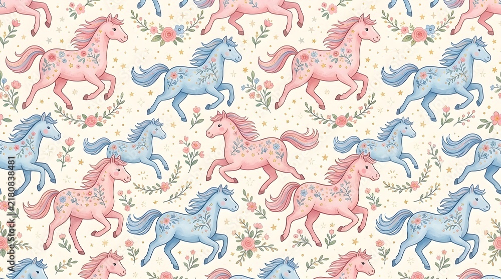 Fototapeta premium Cute running horses pattern with flowers