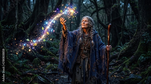 An elderly woman in a tattered blue robe conjures a swirl of sparkling magic light in a dark, misty forest.
