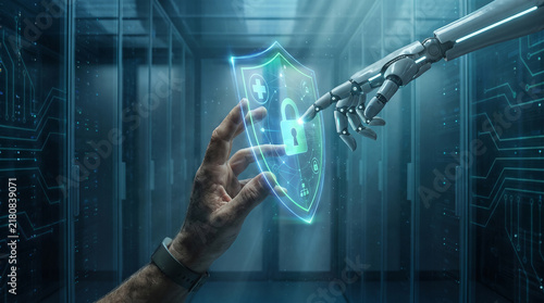 Human hand and robotic finger touch a glowing digital security shield inside dark server room