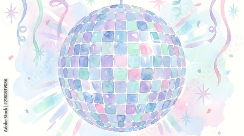 Shiny disco ball with colorful glowing light reflections