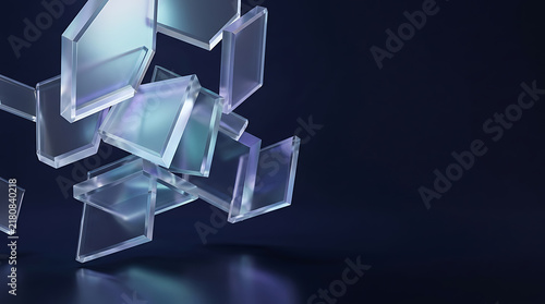 Abstract background with floating glass shards and fragments in dark blue light