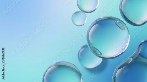 Clear blue water bubbles floating in a bright liquid background