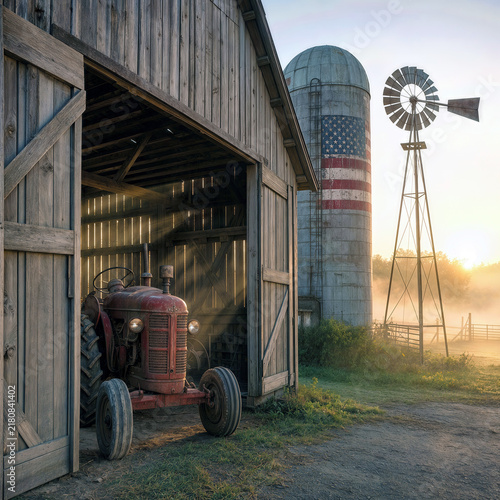 Vintage red tractor in a barn doorway, with an old windmill and an American flag on a silo