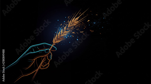 Hand holding shrivelled wheat stalk with digital particle disintegration effect