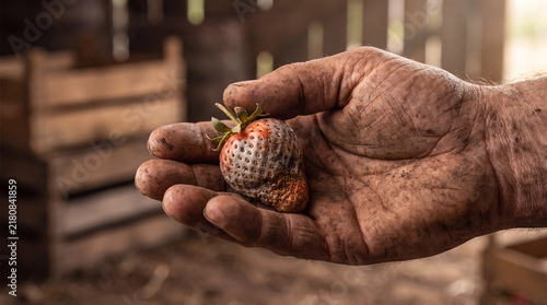 Dirty hand holding a shrivelled rotten strawberry in a rustic farm setting