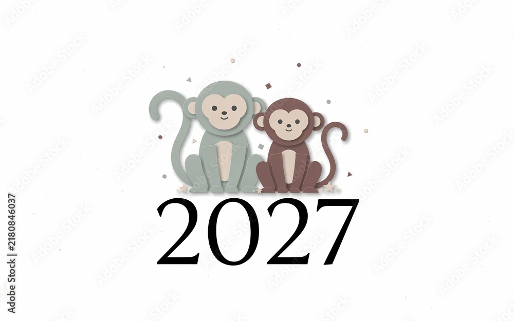 Fototapeta premium 2027 Chinese New Year Concept with Two Monkeys Vector Illustration