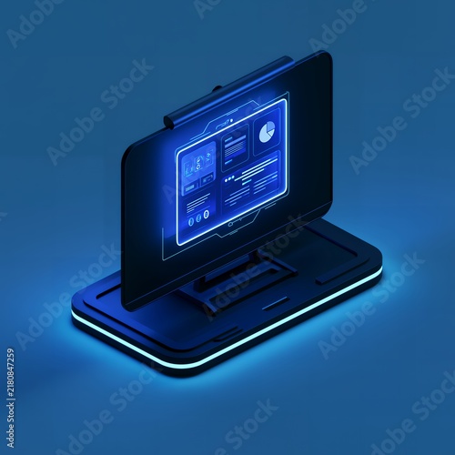 Futuristic device with glowing blue screen displaying data