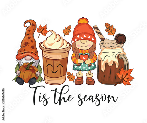 Hello Fall Autumn Coffee Drink, Fall Gnomes, and Pumpkin T-Shirt Design