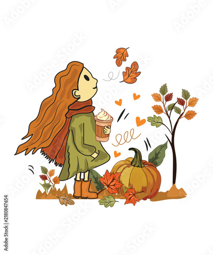 Hello Fall Cute Girl, pumpkins and Leaves Illustration for t-shirt and print items