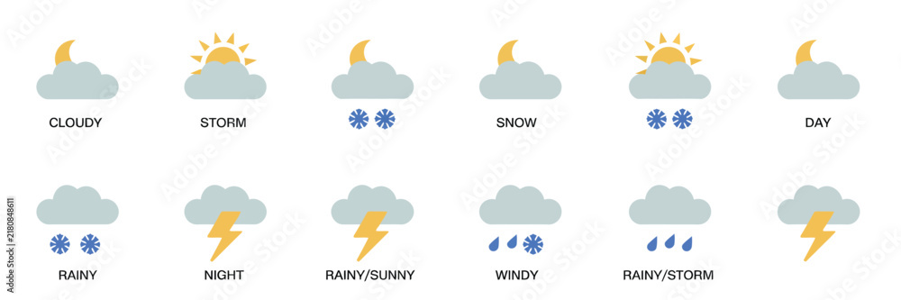 Obraz premium Weather Icons, Rain Storm Snow Cloud Sunshine Wind Day Night Summer Winter Forecast Symbols Labels and Isolated Vector Design