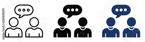 People conversation and dialogue vector icon set featuring two user avatars with speech bubble symbol for chat communication, customer support, team meeting, and web app interface design.