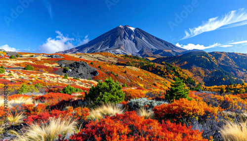Fototapeta kuchenna 秋 山 森 落ち葉 日本 紅葉 もみじ イチョウ ハイキング Generative AI 