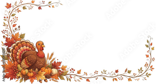 Thanksgiving corner border with a cute turkey and autumn foliage turkey illustration fall leaves thanksgiving decoration harvest border seasonal corner turkey graph
