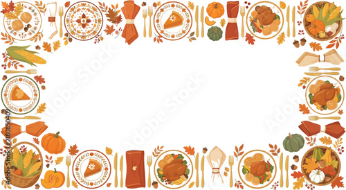 Thanksgiving dinner table setting border with food and harvest motifs harvest meal autumn border holiday food fall harvest thanksgiving decoration food illustration