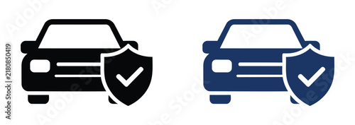Car insurance vector icon set featuring automobile with protection shield and checkmark for vehicle safety, auto warranty, transport guarantee, and app design.