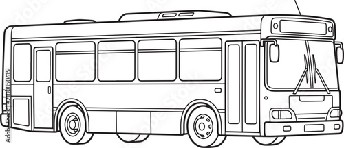 A detailed black and white line of a city transit bus viewed from the side, featuring large rectangular windows, a front windshield with wipers, and a clean white also transparent background