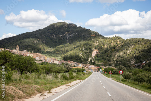 T-333 road entering Prat de Comte, comarca of Terra Alta, province of Tarragona, Catalonia, Spain