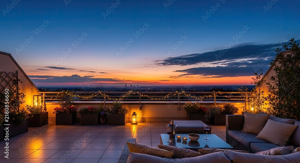 Obraz premium Modern balcony terrace with city view at sunset.