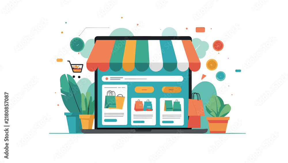 Fototapeta premium Online shopping concept with laptop displaying an ecommerce store and colorful awnings.