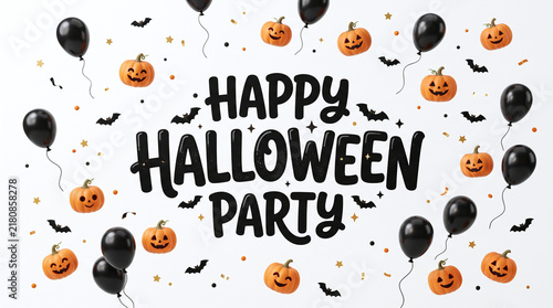Happy Halloween Party typography with black balloons and orange pumpkins on white background