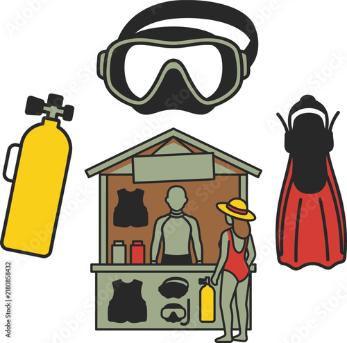 Scuba Diving Equipment Set with a Snorkel, Fins, Tank, and Rental Shop Illustration