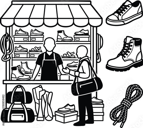 Shoe Store Illustration with Footwear Display and Customer Interaction. Flat Vector Design