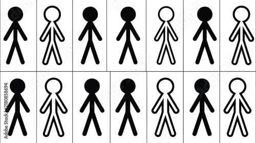 Silhouettes of People Standing in a Row, Simple Stick Figures Isolated on White Background