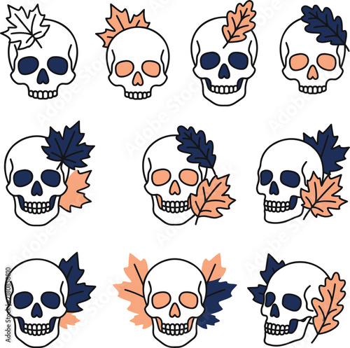 Skull Illustrations Adorned with Autumn Leaves, a Spooky Seasonal Design