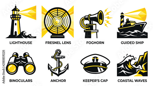 Bild auf Leinwand Nautical lighthouse icons set, vintage maritime navigation symbols, 8 yellow and