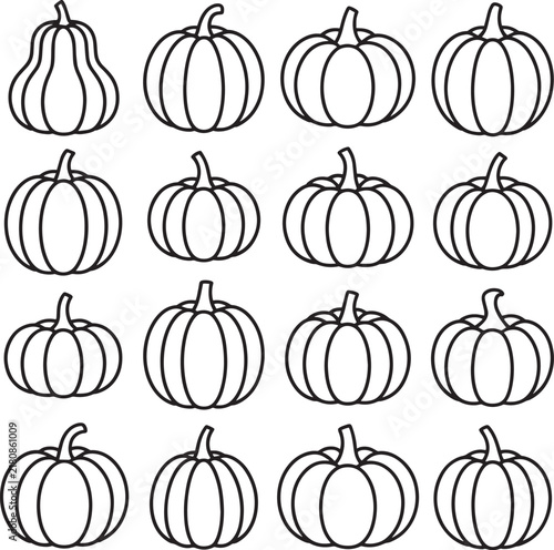 Collection of hand drawn pumpkin sketches arranged in a grid pattern on white background