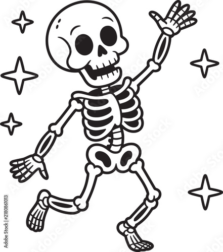 Vintage style illustration of a happy cartoon skeleton running with sparkling stars