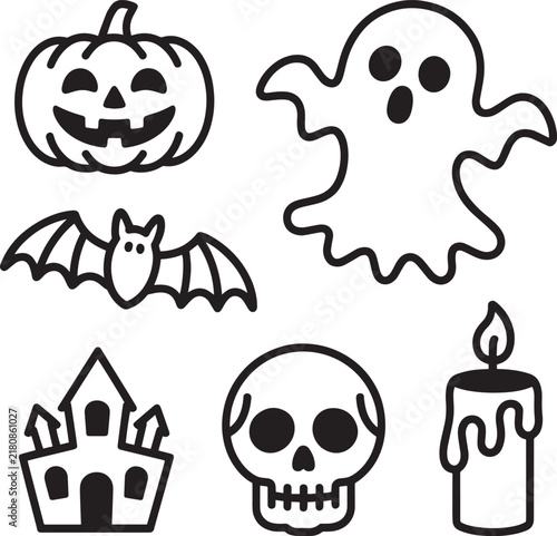 Hand drawn halloween icons including ghost pumpkin bat skull candle haunted house