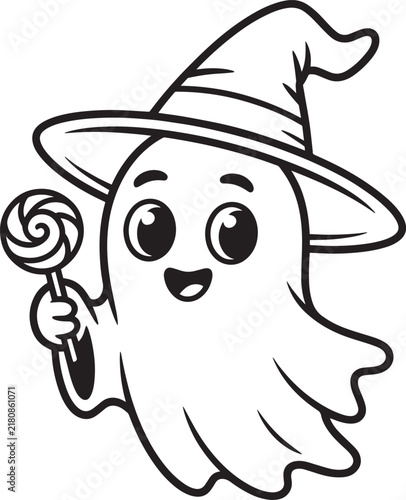 Cute cartoon ghost wearing a witch hat and holding a lollipop for a fun halloween coloring page design