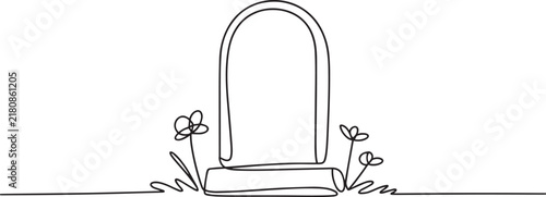 Minimalist continuous line drawing of an arched doorway or portal surrounded by simple wild flowers on white background