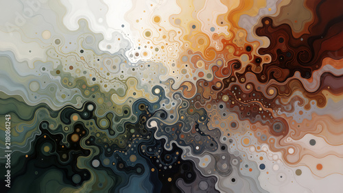 Abstract fluid background with swirling liquid paint textures in earth tones and neutral colors.