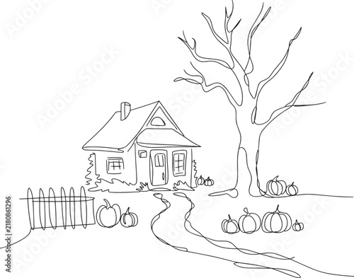 Hand drawn ink sketch of a cozy rustic cottage with a large tree and pumpkins in the yard