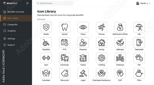 Corporate benefits icon library, 24 line art icons for employee wellness. HR dashboard interface with insurance and healthcare symbols.