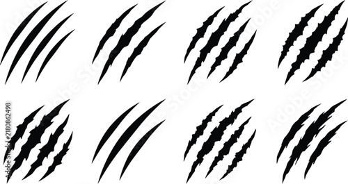 Foto Animal claw marks vector set, black monster scratch icons, 8 beast slash marks f