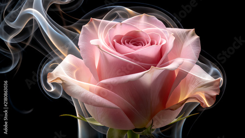 A beautiful pink rose surrounded by delicate swirls of smoke against a dark background.