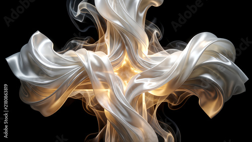 Abstract Christian cross shaped from glowing white silk fabric and smoke against a dark background.
