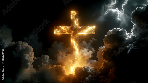 Glowing fiery cross shining brightly amidst dark dramatic clouds in the sky.
