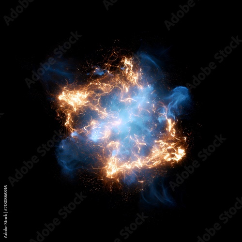 Abstract explosion of blue smoke and orange light particles