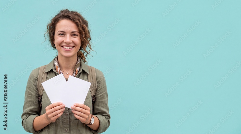 Obraz premium A young woman with curly hair wearing a green shirt and backpack, holding two blank white ad social media download thambnail poster web template event festival 2026 2027 2028