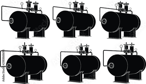 Variety of wood burning stoves and fireplaces in black silhouette