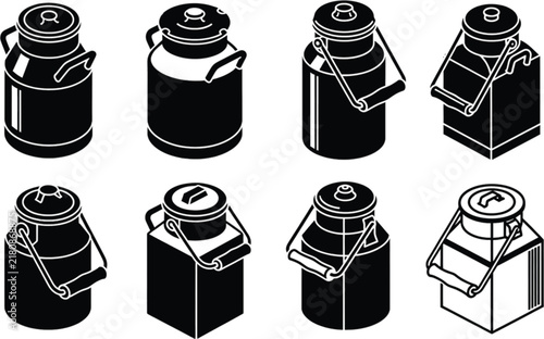 Collection of vintage milk cans in black silhouette style