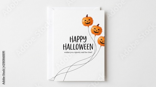 Happy Halloween greeting card with floating pumpkin balloons on a white background