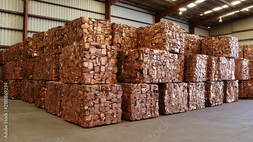 Large piles of compressed copper scrap metal cubes stacked inside an industrial warehouse facility ready for recycling plant processing today