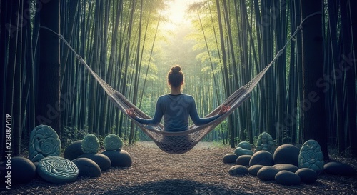 Serene Woman Meditating In Hammock Amongst Tall Bamboo Forest With Zen Stones