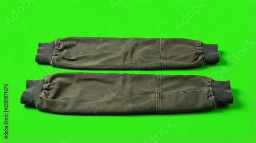 A pair of olive green detachable fabric sleeves with ribbed elastic cuffs